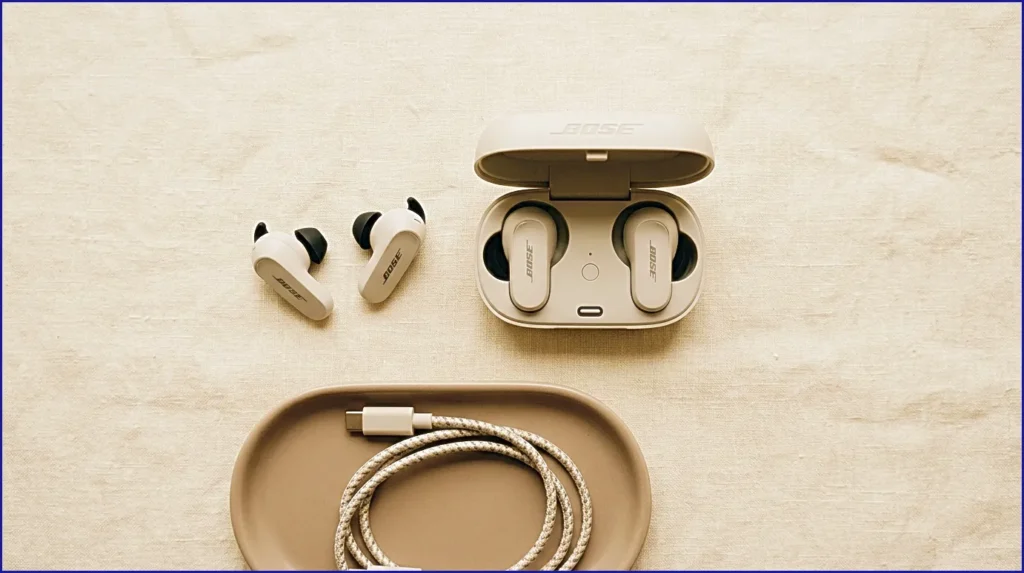 Minimal-flat-lay-of-Bose-QuietComfort-earbuds