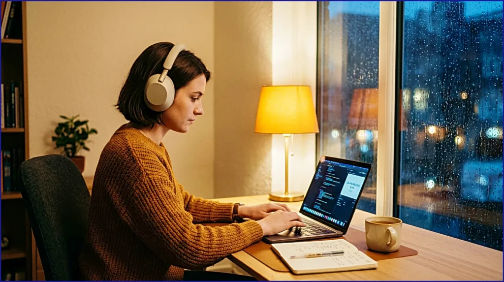 Person-wearing-headphones-at-a-minimal-desk