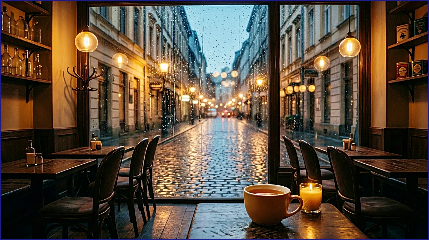 Cozy cafe view on rainy street