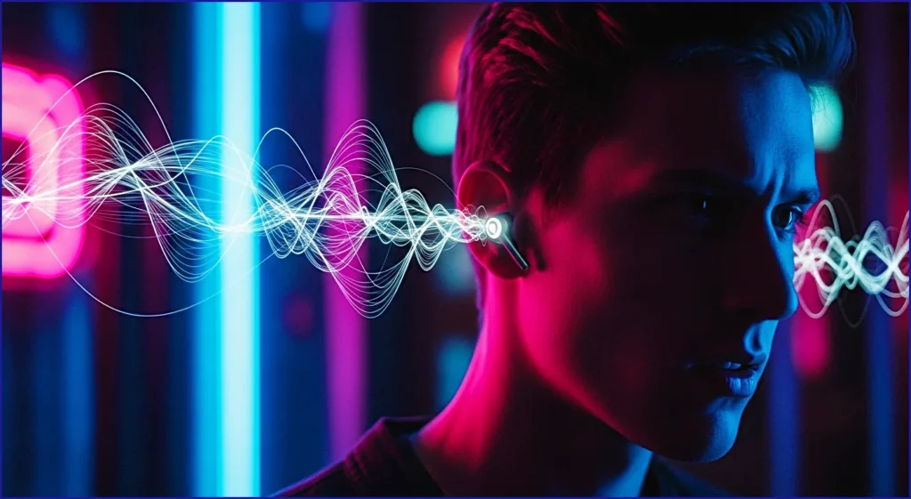 calmsori_ Sound waves bypassing standard earbuds showing why convenience ruins focus