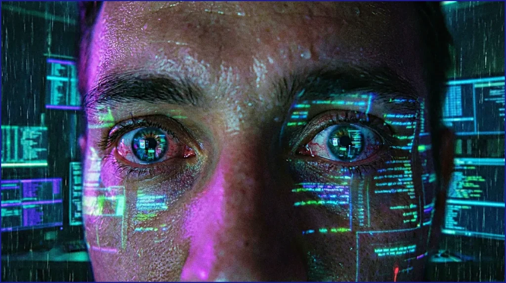 Dimly lit -room with computer -screens-eyes