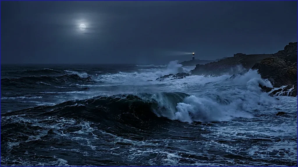 Moonlit waves crashing against rocky shore-dark
