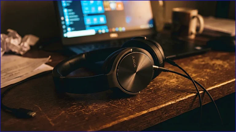 calmsori_Best noise-canceling headphones for studying resting on a dark wooden desk