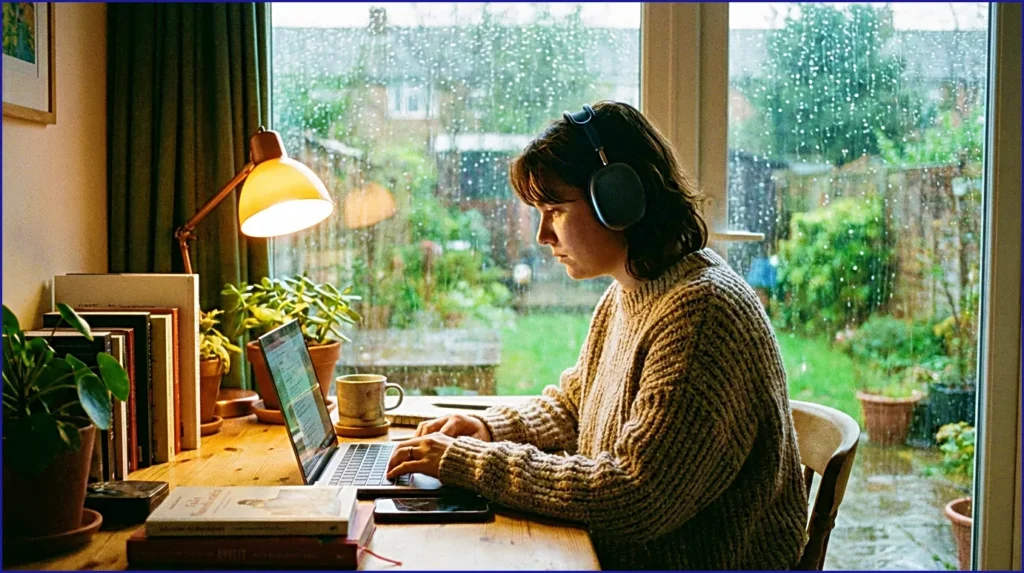 calmsori_Deep focus achieved with selective noise-canceling headphones and heavy rain soundscapes