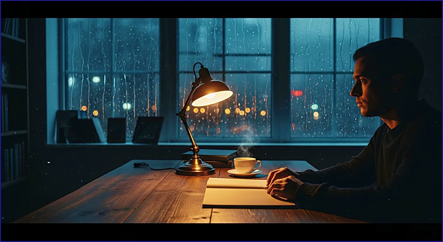 calmsori_Person using rain sounds for daily focus and sleep routine over 90 days