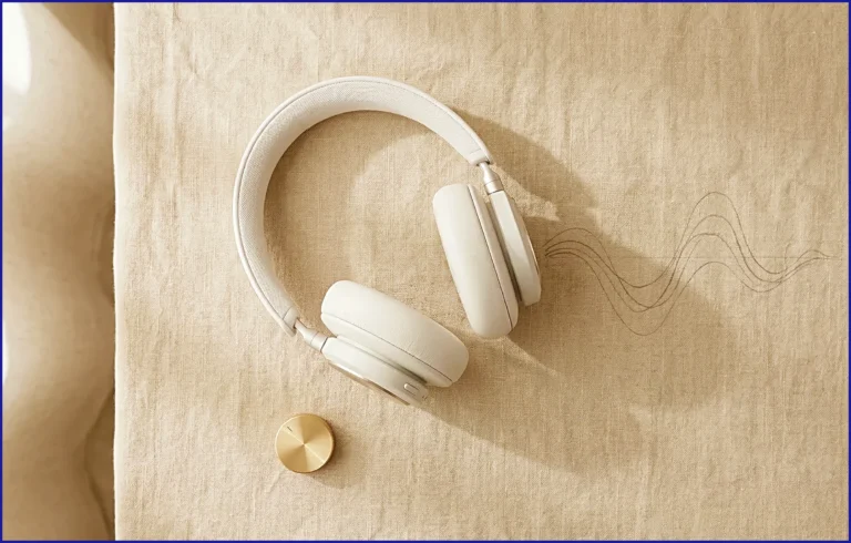 calmsori_white over-ear headphones resting on a warm beige linen surface