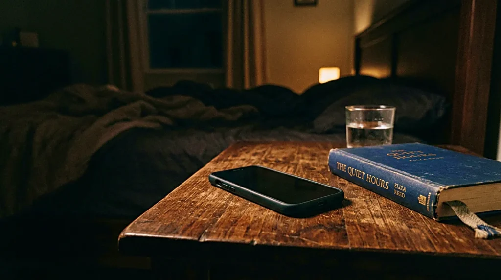 Smartphone placed on a bedside table at night to reduce screen time before sleep