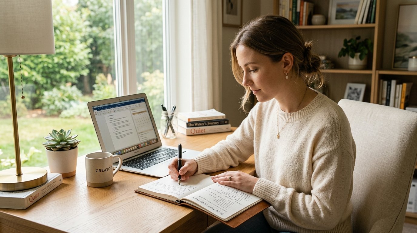 Creator planning a blog post structure at a calm desk