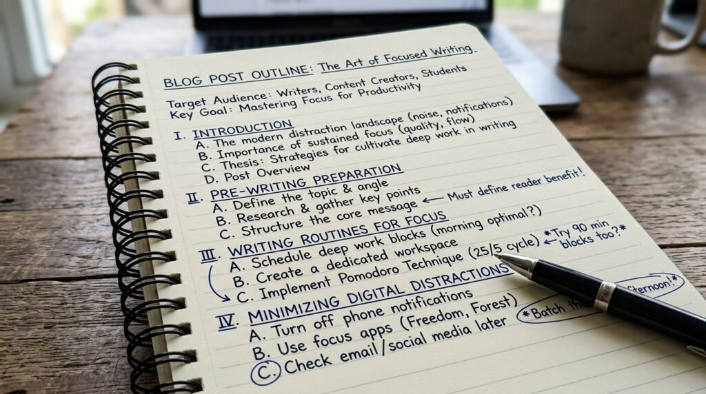 Blog post outline with headings and notes before drafting