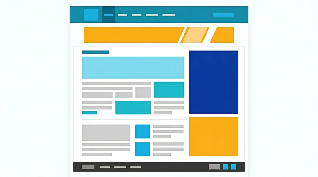 Abstract website layout showing content structure and ad placement without readable text