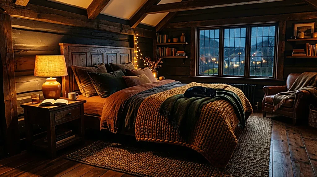 Warm bedroom at night with soft lighting for brown noise for sleep