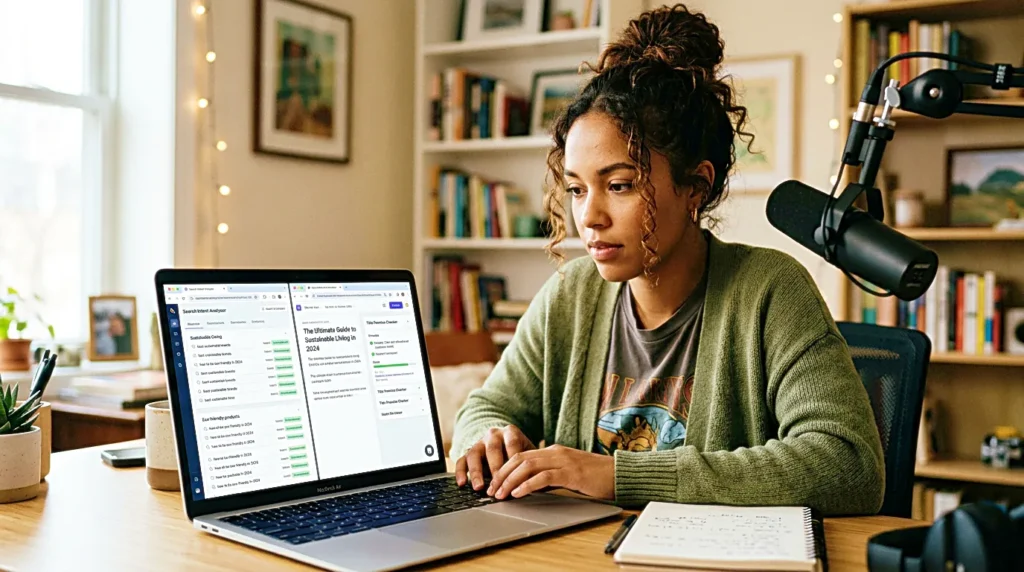 Blog SEO final review with notes and laptop on a quiet workspace