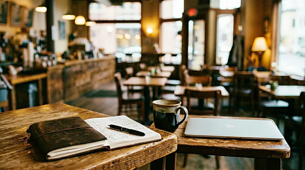 Blurred cafe workspace suggesting background noise and focus challenges without people
