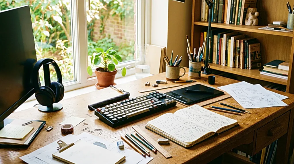 Creator desk with laptop, notes, and work tools arranged for content planning