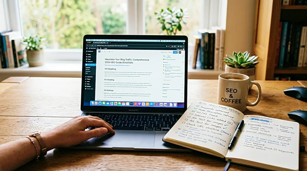 Creator checking search intent and title promise on a laptop