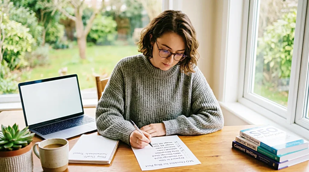 Creator reviewing an SEO checklist for a blog post at a calm desk