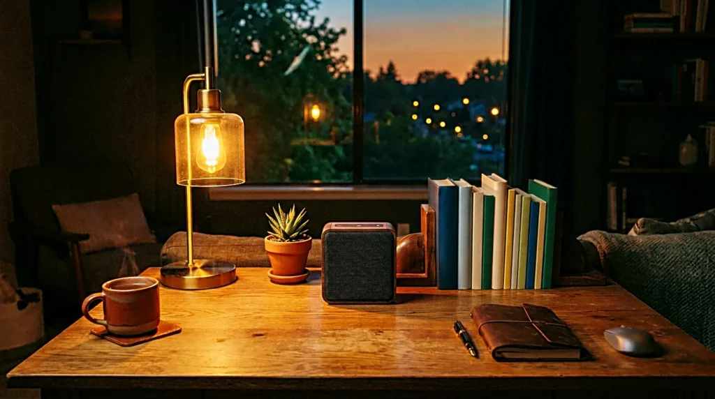 Minimal desk speakers placed beside a laptop for deep work and quiet audio