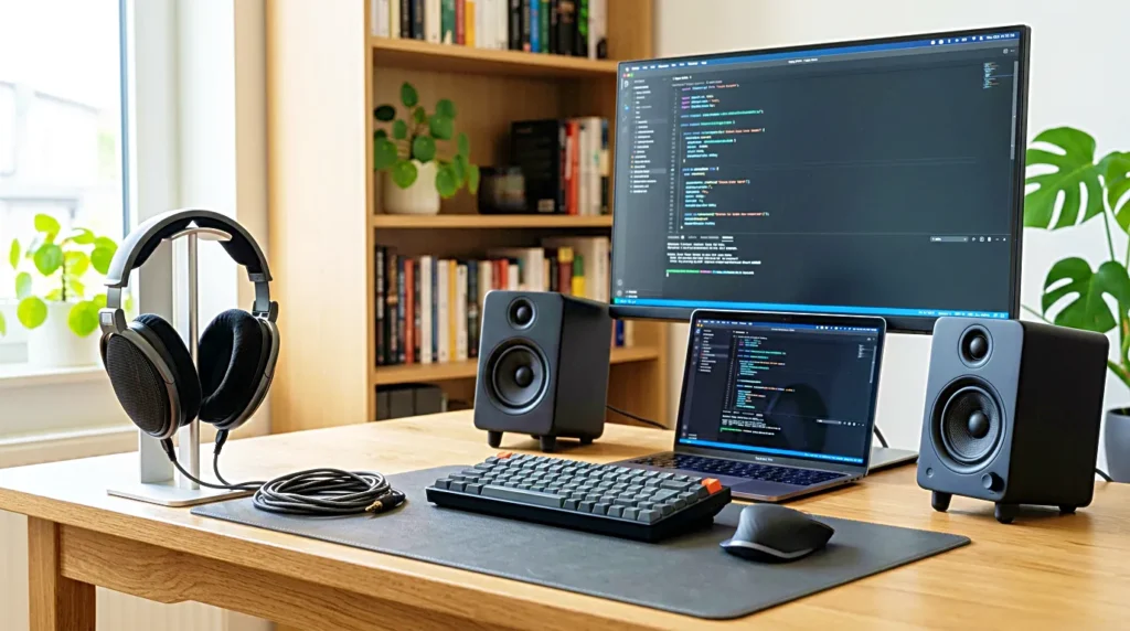 Headphones and desk speakers placed together for comparing focus audio setups