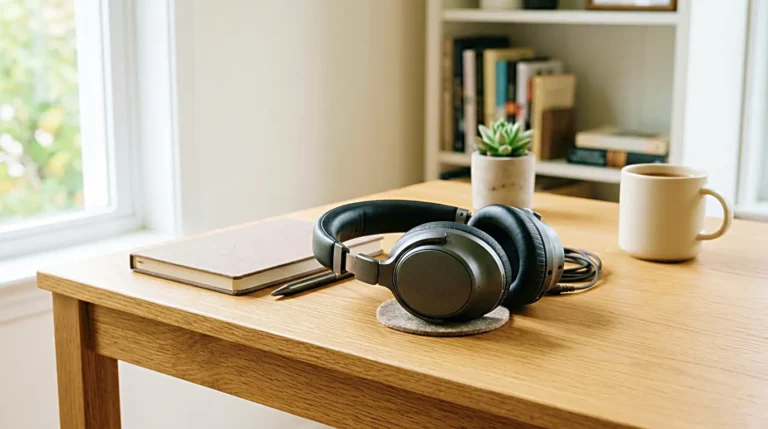 Noise cancelling headphones on a clean desk for focused work sessions