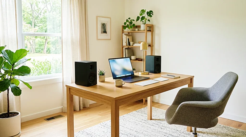 Quiet home office with speakers creating a soft room sound for focused work