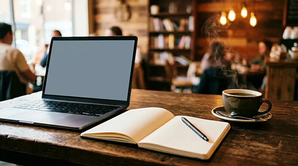 Laptop, blank notebook, and coffee on a quiet desk before choosing an AI writing tool