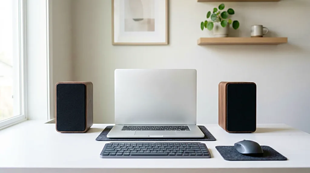 Warmly lit desk setup with a small speaker playing soft background sound for focus
