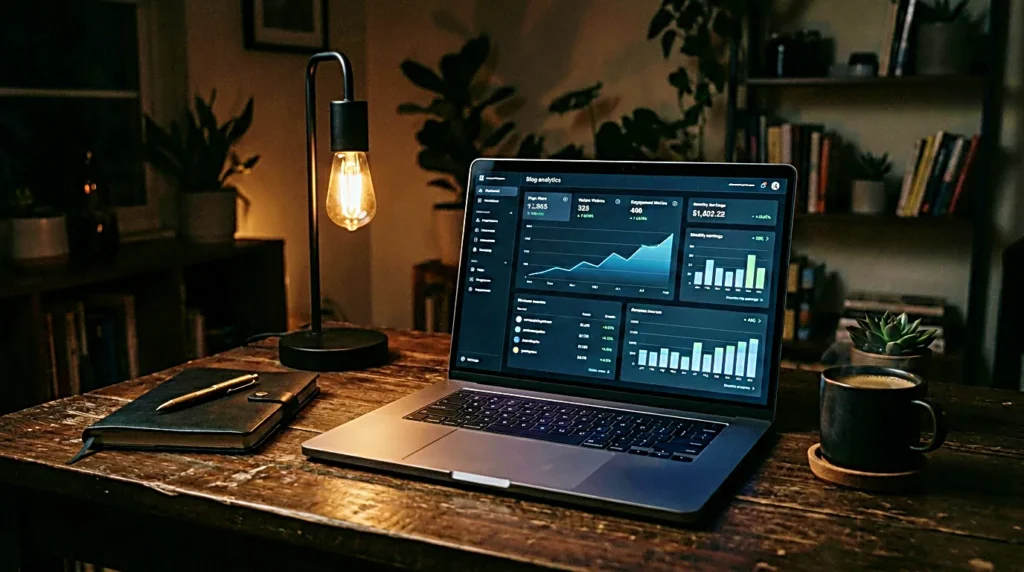 Dark workspace with an open blog page on a laptop for website revenue analysis