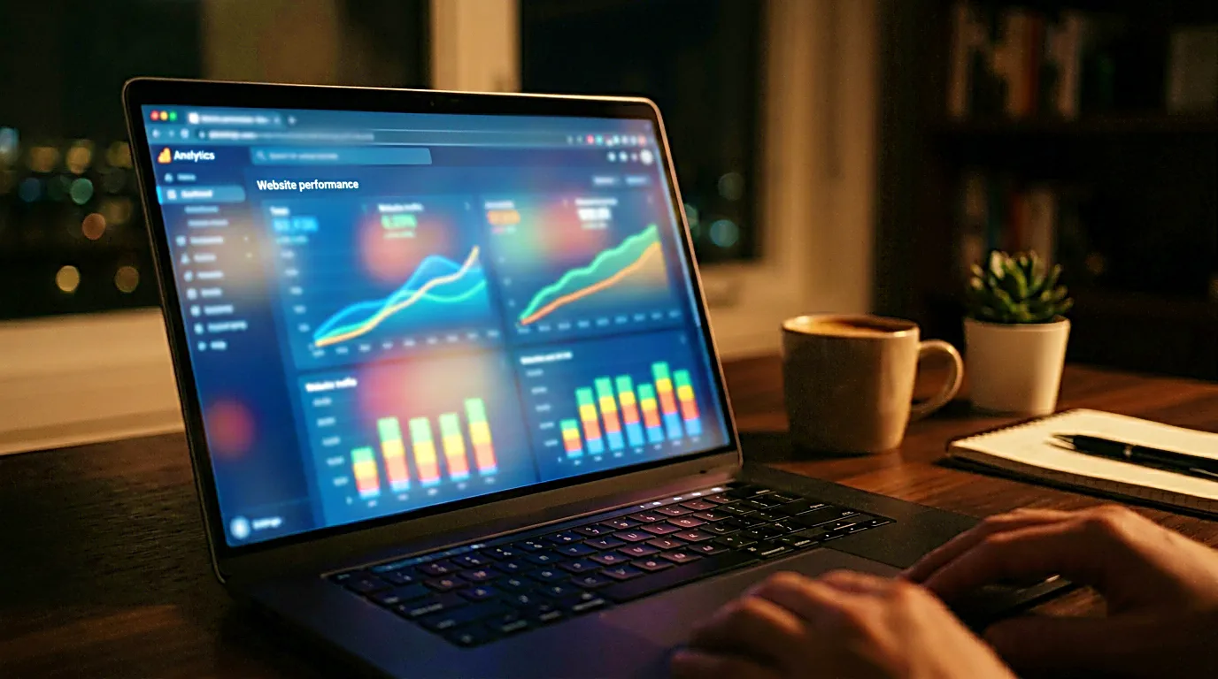 Laptop showing a blurred analytics dashboard for blog traffic and AdSense performance