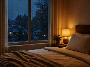 calmsori_Rain on a bedside window in a quiet bedroom at night