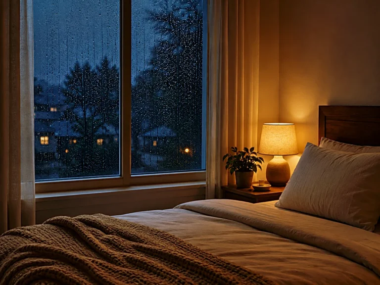 calmsori_Rain on a bedside window in a quiet bedroom at night