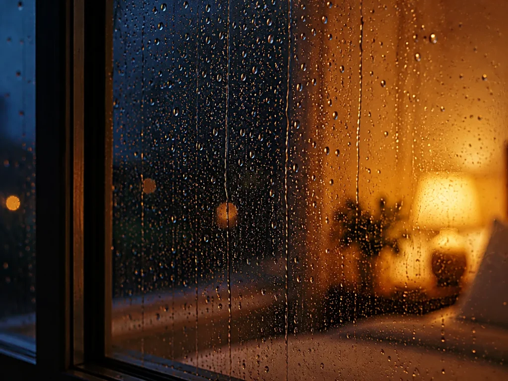 calmsori_Soft rain drops on a window with warm bedroom light