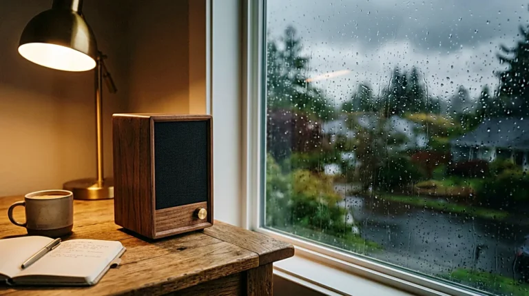 Small desk speaker beside a rainy window for calm focus and rain sound listening
