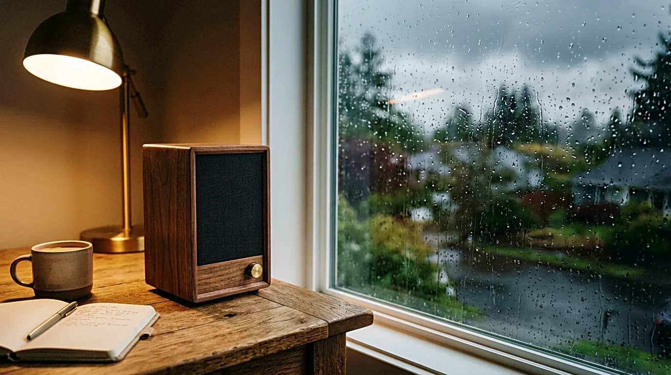Small desk speaker beside a rainy window for calm focus and rain sound listening