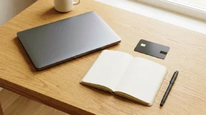 Laptop, payment card, and blank notebook on a desk for reviewing creator subscription costs