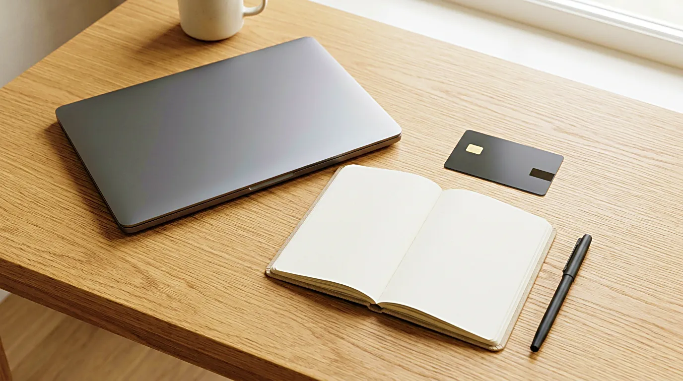 Laptop, payment card, and blank notebook on a desk for reviewing creator subscription costs