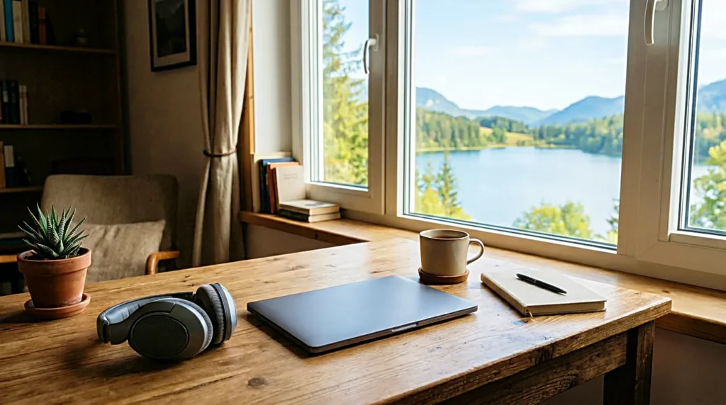 Headphones and laptop by a window in a calm workspace for remote work focus