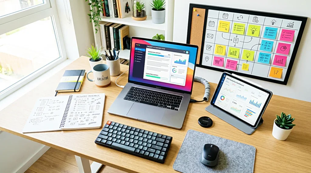 Creator desk with AI writing tool, keyword research notes, and content planning setup for a clearer AI workflow