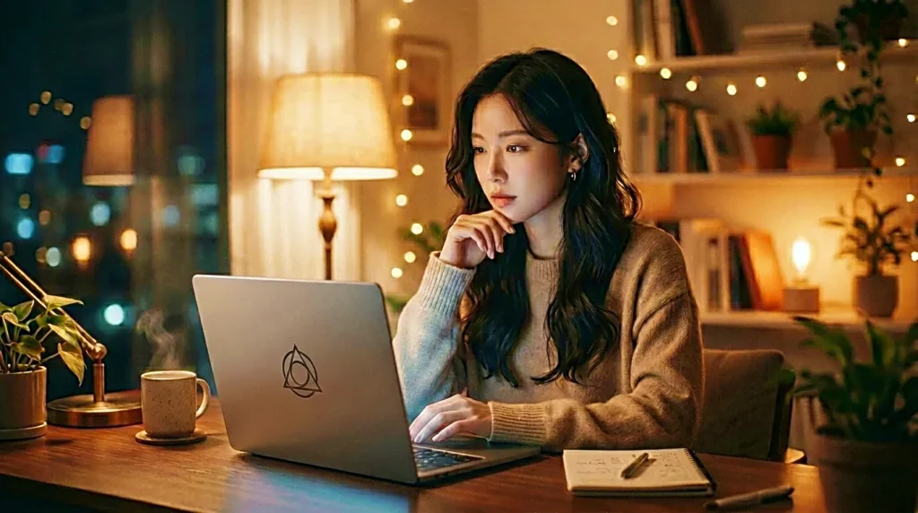 Night workspace for a solo creator using AI tools thoughtfully
