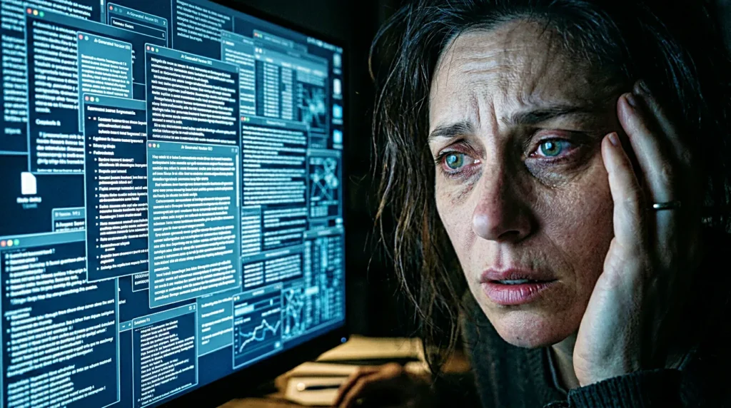 Overwhelmed creator facing too many AI writing tool windows on a screen