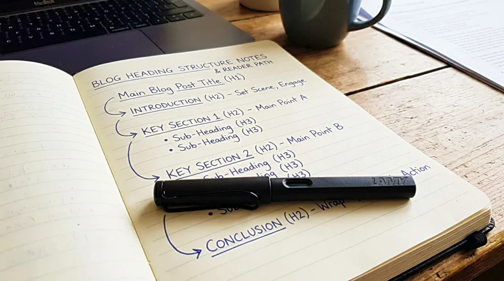 Blog heading structure notes showing a clear reader path