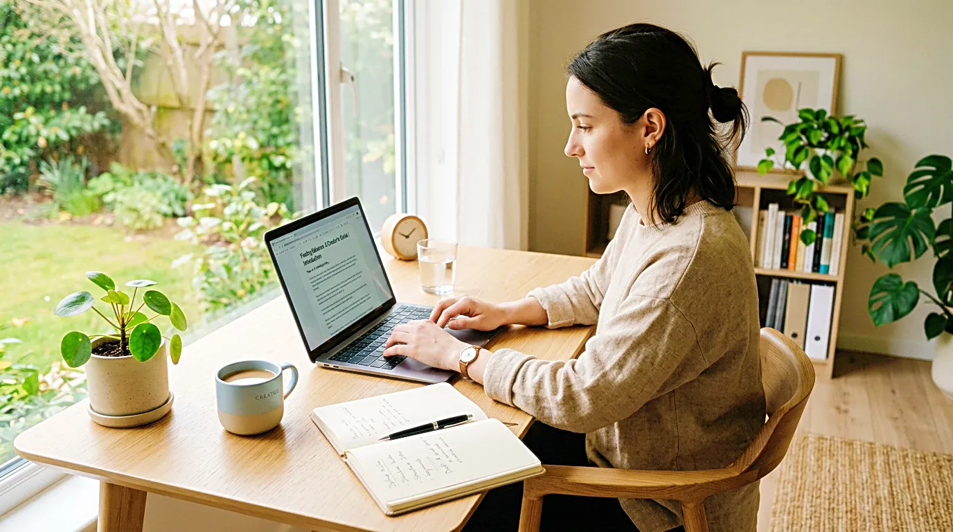 Creator preparing a blog post introduction at a calm desk
