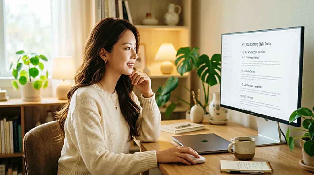Creator reviewing blog post structure on a calm workspace