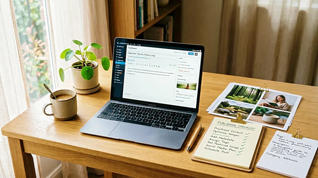 Calm publishing checklist workspace with laptop, image files, metadata notes, and blog workflow preparation before posting