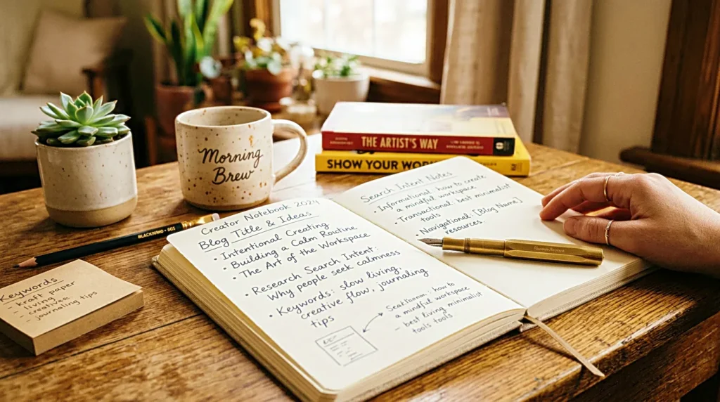 Blog title and search intent notes on a calm creator workspace