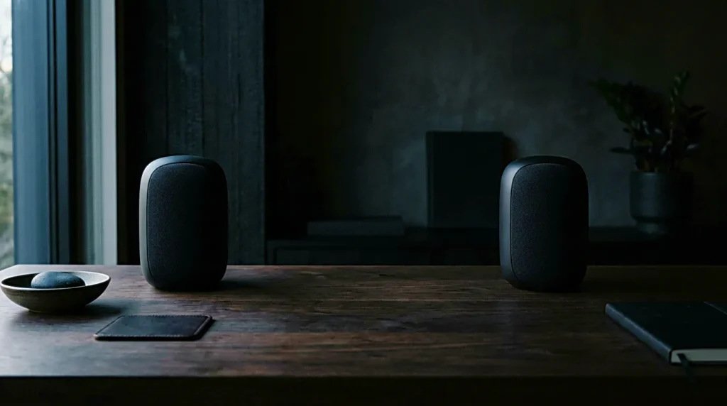 Dark desk speakers in a quiet room for brown noise focus sessions
