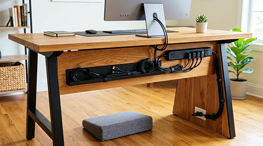 Clean cable management under a wooden desk with home office accessories