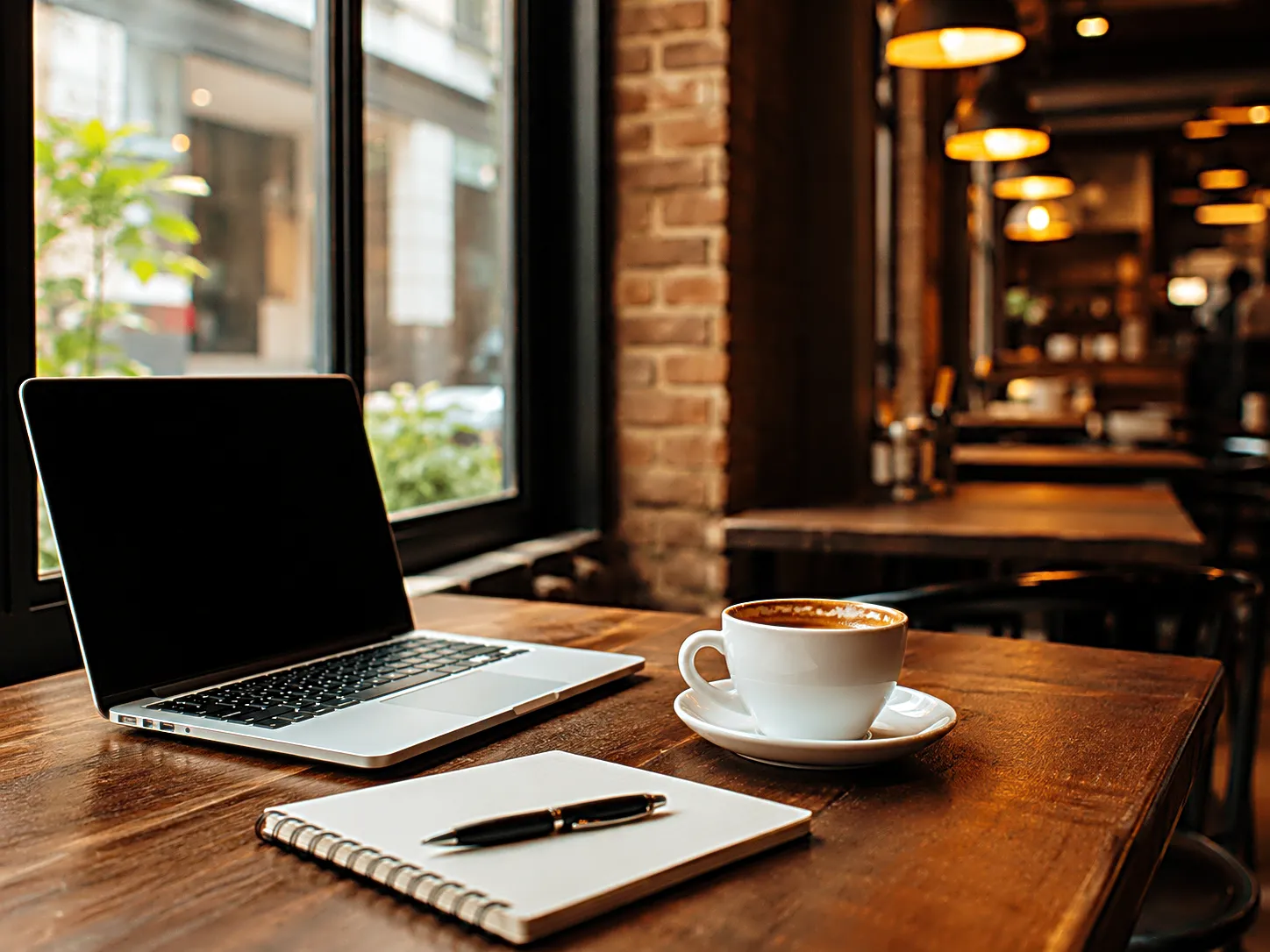 Cozy coffee shop table with laptop, coffee cup, and notebook for focused work