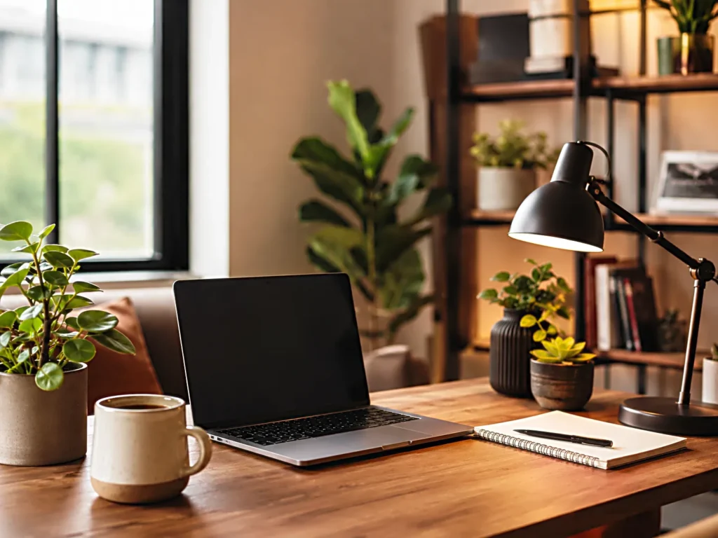 Calm home workspace with laptop, coffee mug, notebook, plants, and warm desk lighting