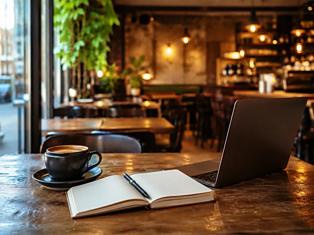Empty coffee shop workspace with laptop, coffee, and notebook in warm ambient lighting