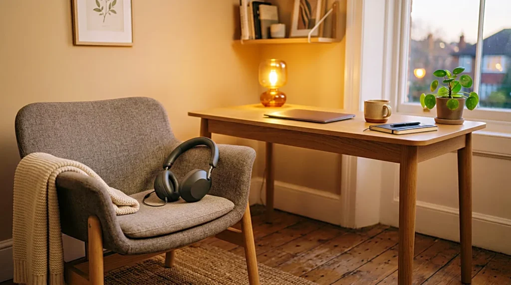Comfortable over ear headphones on a chair beside a quiet home office desk